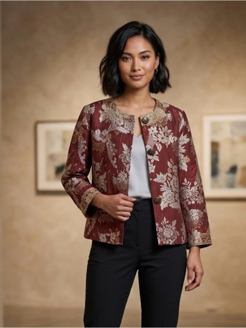 Chico's Burgundy Floral Jacquard Open-Front Jacket size1